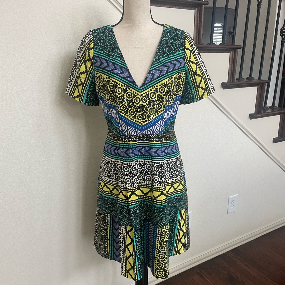 Tracy Reese Geometric Green,Black,Turquoise,and Yellow Knee Length Dress,size 10